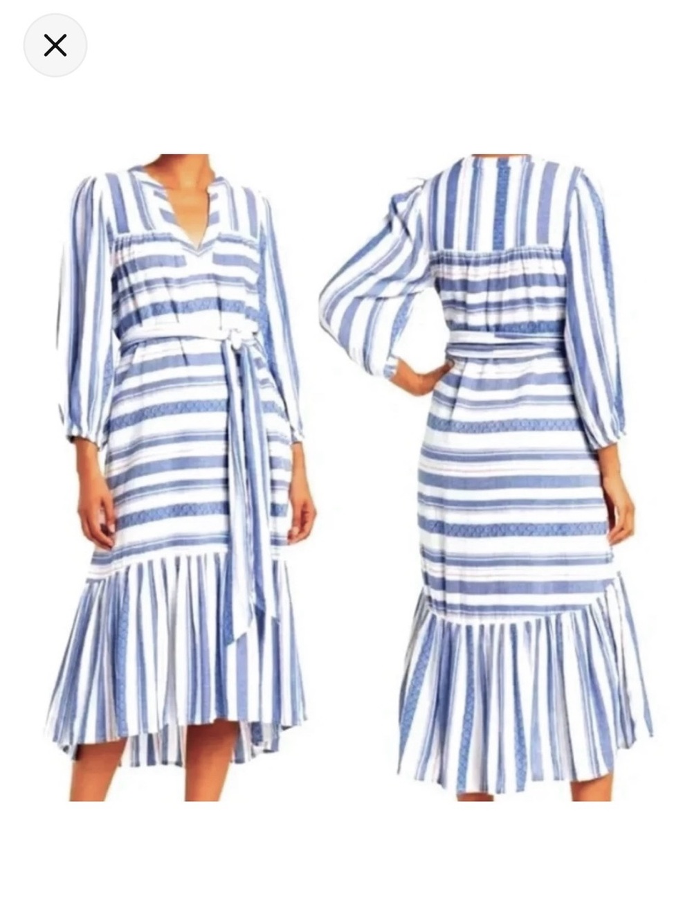 DRA Jenwin Textured Directional Stripe Midi Dress Blue L Drop Waist Long Sleeve